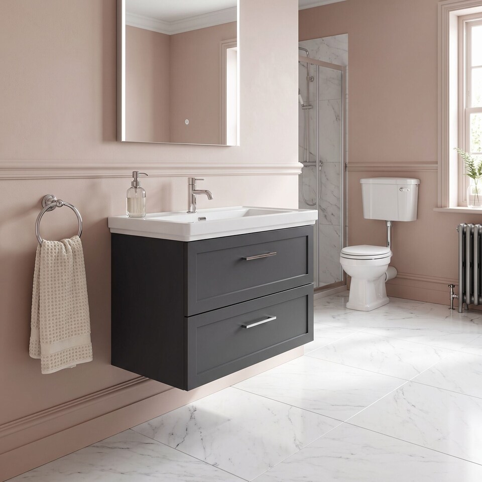 image 1 of Balterley Stonnall Traditional Wall Hung 2 Drawers Vanity Unit with Traditional 1 Tap Hole Fireclay Basin, 800mm, Dark Grey