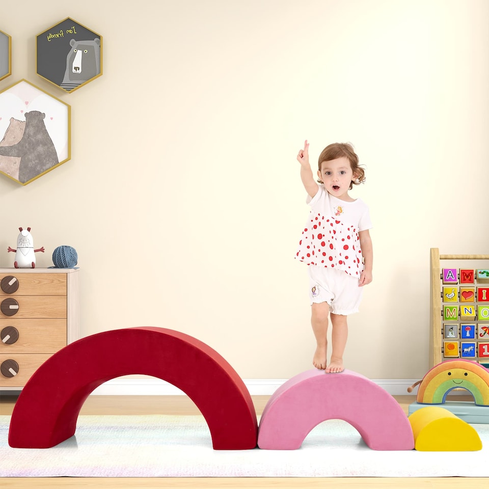 image 1 of COSTWAY 3 Piece Toddlers Climbing Toy Indoor Soft Play Equipment Playset-Red