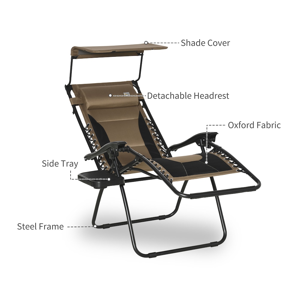 image 1 of Outsunny Zero Gravity Lounger Chair, Folding Reclining Patio Chair with Shade Cover, Padded Seat, Cup Holder, Soft Cushion and Headrest for Poolside, Camping, Coffee