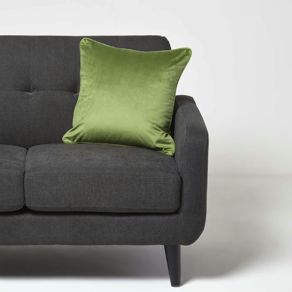 image 1 of Homescapes Olive Green Filled Velvet Cushion with Piped Edge - 46 x 46 cm | Green | Olive Green | 1