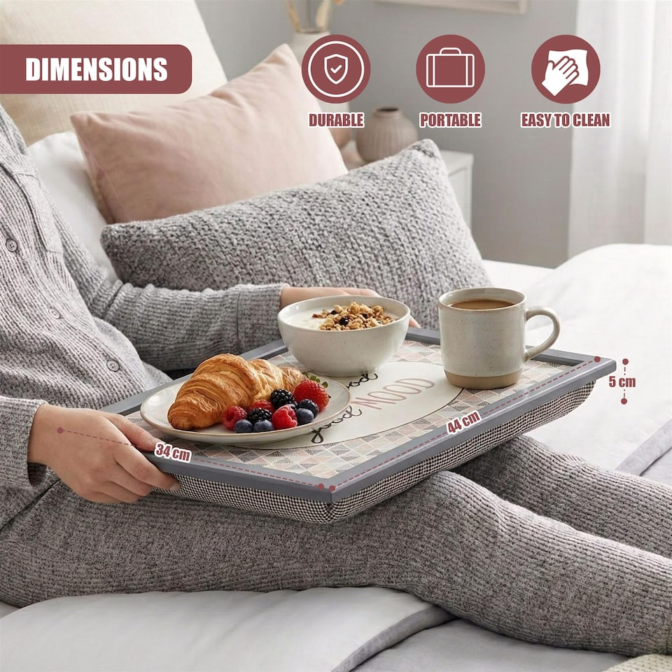 image 1 of GEEZY Good Food Good Mood Design Wooden Lap Serving Tray with Bean Bag Cushion 44x34cm
