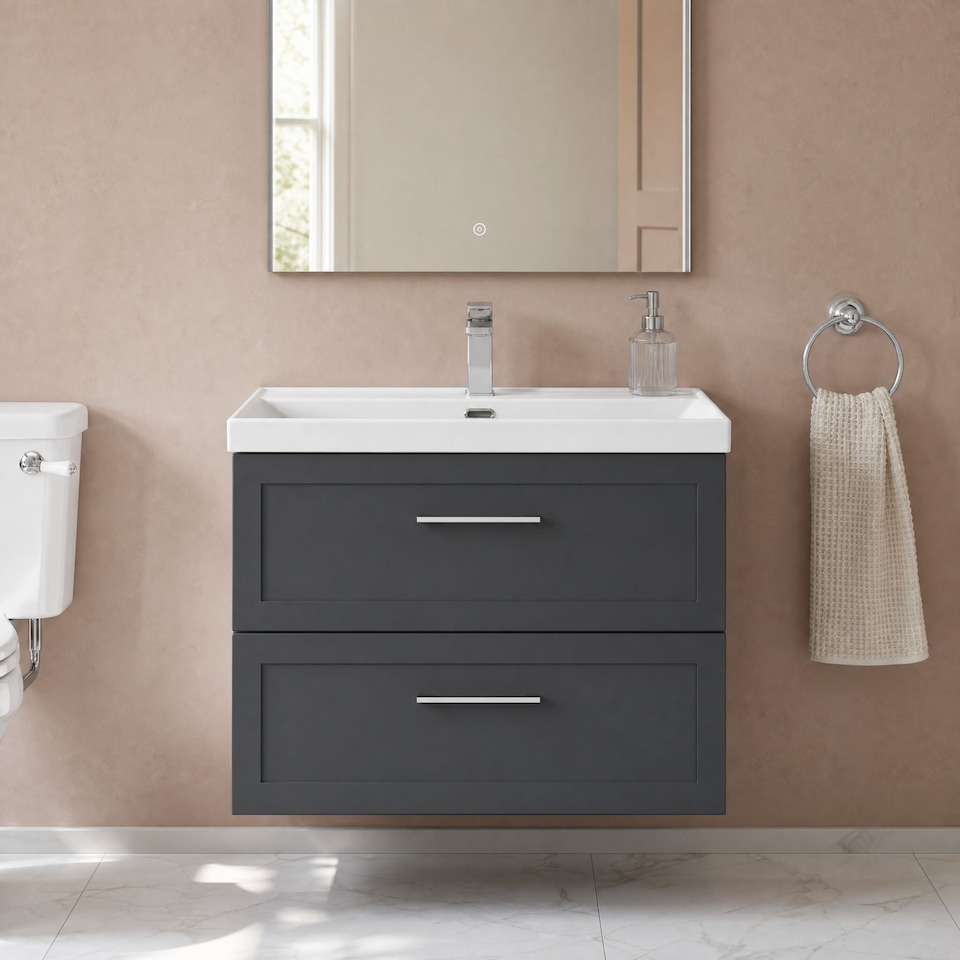 image 1 of Stonnall Traditional Wall Hung 2 Drawers Vanity Unit with Thin-Edge Ceramic Basin, 800mm, Dark Grey