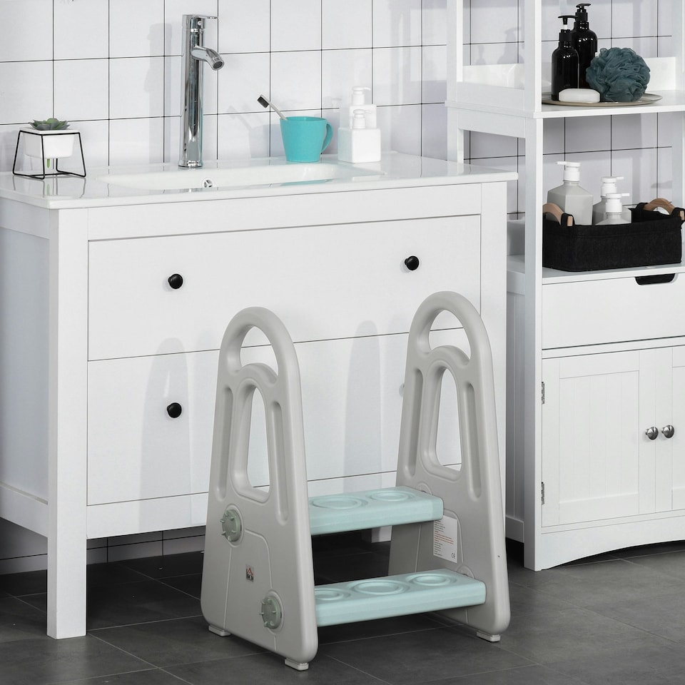 image 1 of HOMCOM Two-Step Stool for Kids Toddlers with Handle for Toilet Potty Training Blue