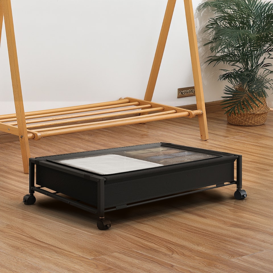 image 1 of Living and Home Under Bed Steel Storage Organizer Basket with Wheels | Black