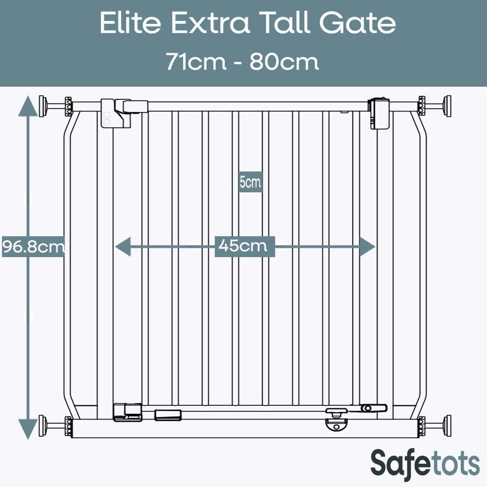 image 1 of Safetots Extra Tall Elite Safety Gate, 71cm - 80cm, Matt White, Extra Tall 96.8cm in Height, Pressure Fit Stair Gate