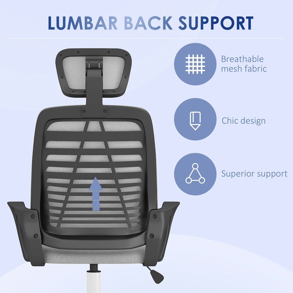 image 1 of Vinsetto Mesh Office Chair, Computer Chair with Rotatable Headrest, Grey