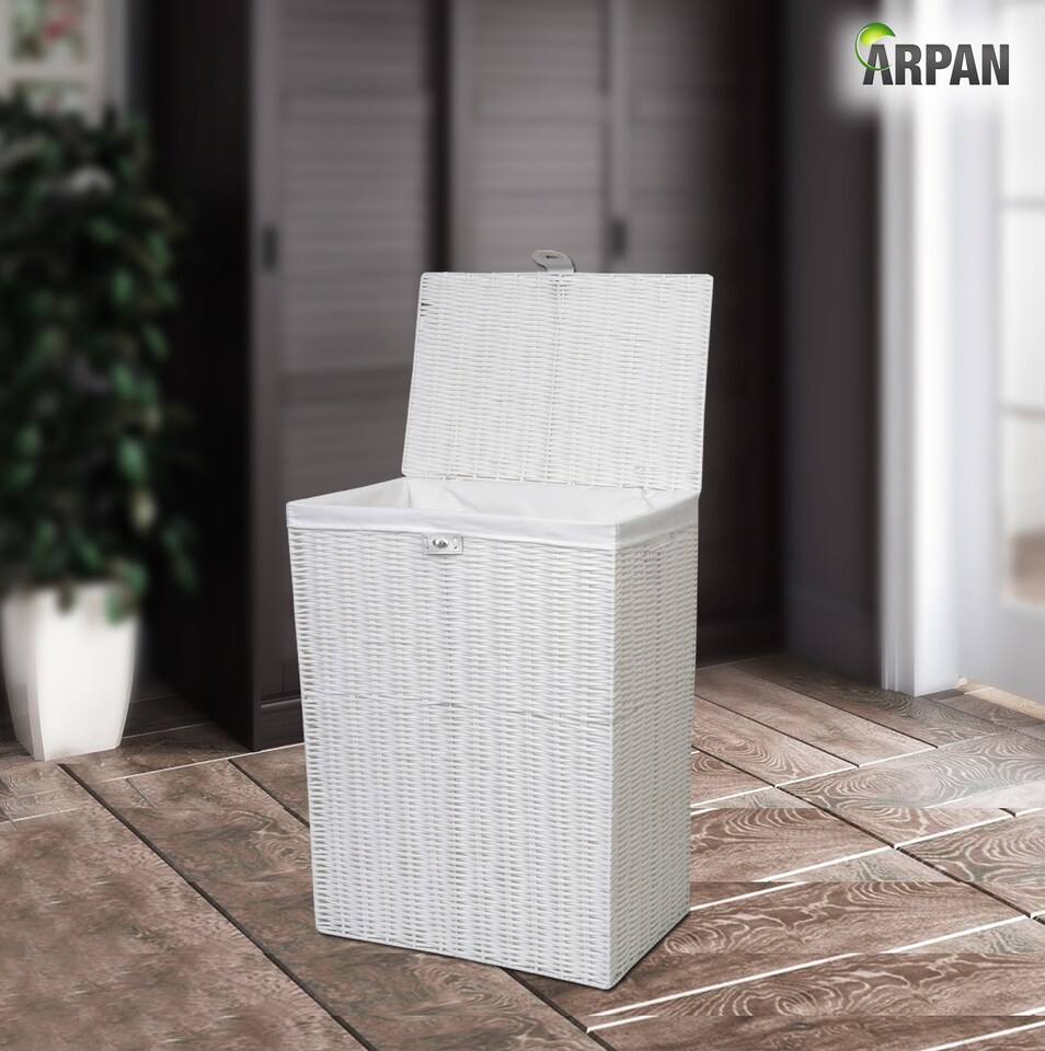 image 1 of Resin Laundry Clothes Basket with Lid, Lock & Removable Cloth Lining – Woven Storage Hamper for Laundry, Bedroom & Bathroom – Available in Medium & Large Sizes