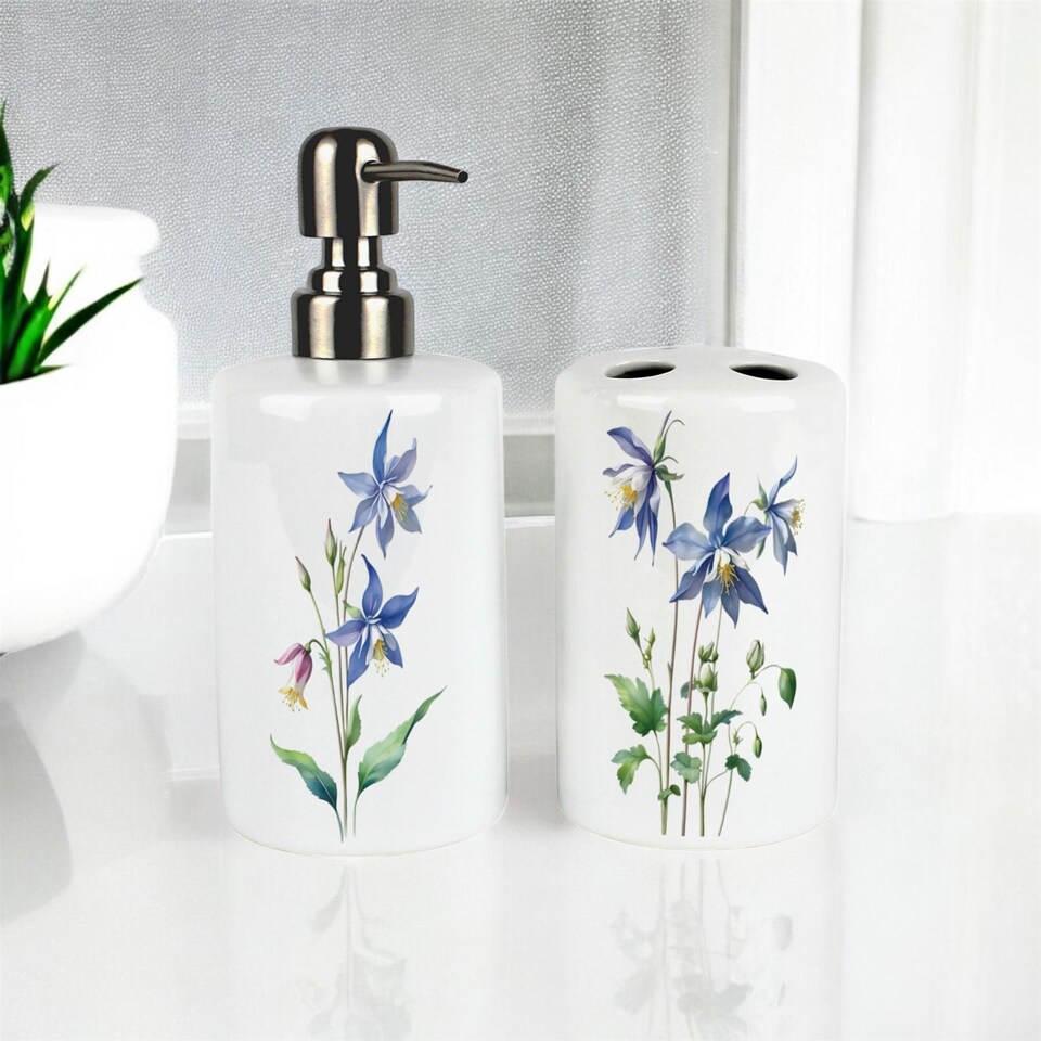 image 1 of Blue Flowers Bathroom Set - Refillable Ceramic Soap Dispenser & Toothbrush Holder