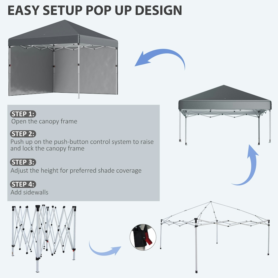 image 1 of Outsunny 3x3 (M) Pop Up Gazebo Party Tent w/ 2 Sidewalls, Weight Bags Dark Grey