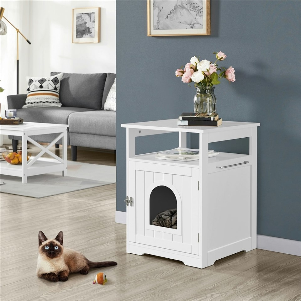 image 1 of Yaheetech Wooden Cat Litter Box with Open Shelf White | One Size