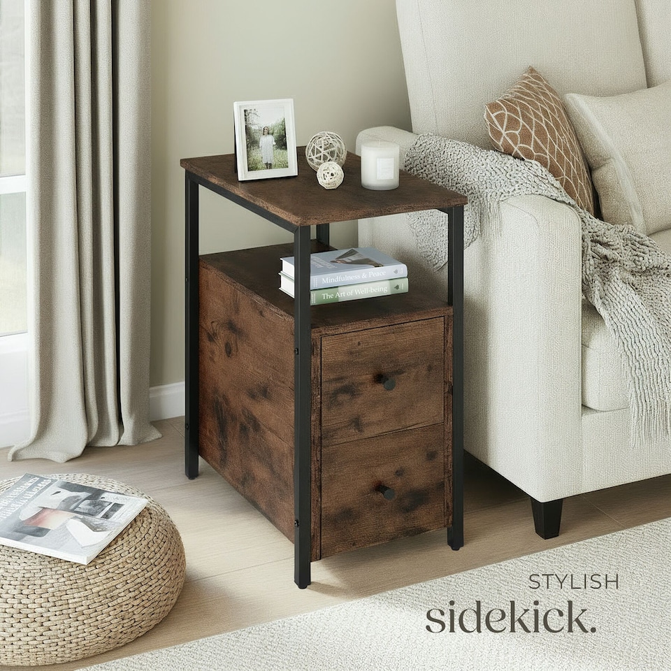 image 1 of Bedside Table Tullamore - 2 shelves and 2 drawers | Brown | Industrial wood dark, rustic | 49,50 x 30 x 61,50 cm | 1