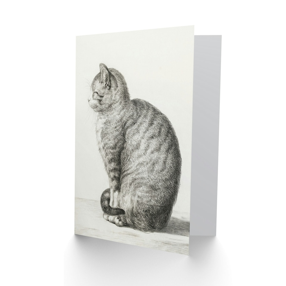 image 1 of Jean Bernard Art Card Sitting Smiling Cat Pencil Drawing
