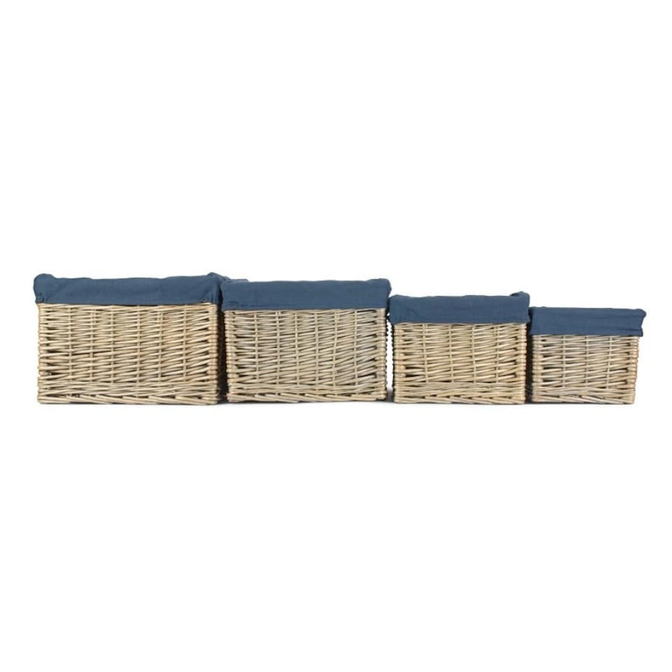 image 1 of Set of 4 Antique Wash Navy Cotton Lined Willow Storage Baskets | Blue | Blue | Not provided