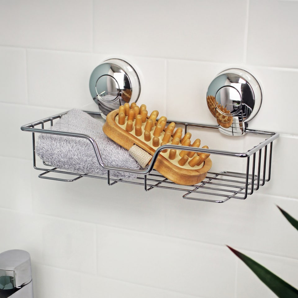 image 1 of Showerdrape Suctionloc Chrome Suction Wall Mounted Rectangular Basket with Mounting Discs | Chrome | Chrome | 1