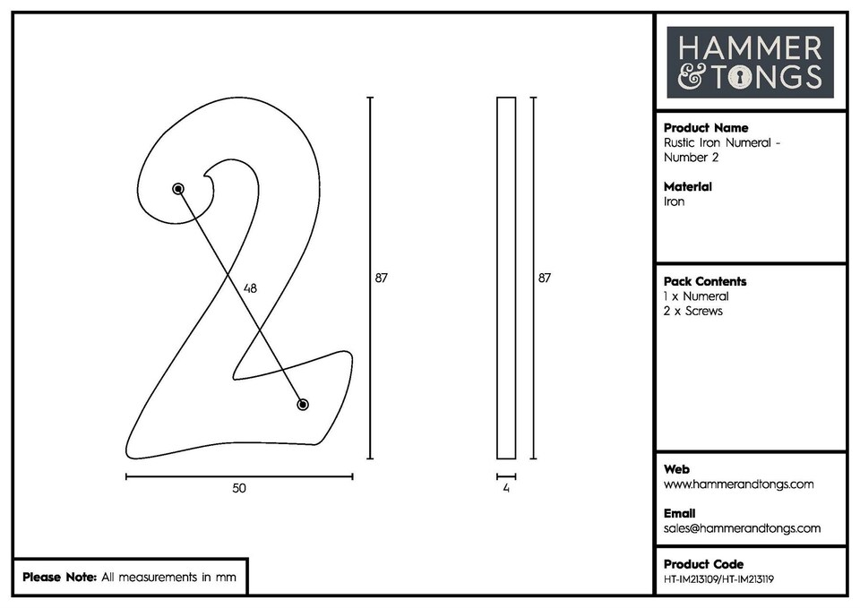 image 1 of Hammer & Tongs Rustic Iron Numeral - Number 2 - H85mm - Raw