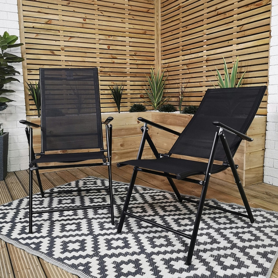 image 1 of Outdoor 4 Person Round Glass Top Garden Patio Dining Table Chairs Black Parasol and Base Set
