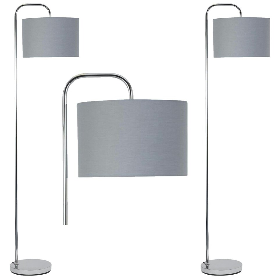 image 1 of First Choice Lighting Set of 2 Chrome Arched Floor Lamps with Grey Cotton Shades Chrome | Grey