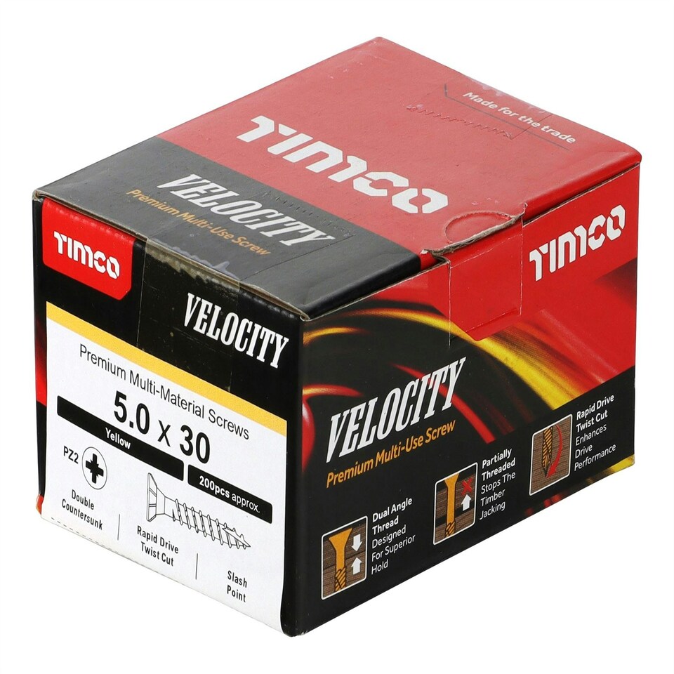 image 1 of Timco - Velocity Premium Multi-Use Screws - PZ - Double Countersunk - Yellow  (Size 5.0 x 30 - 200 Pieces)