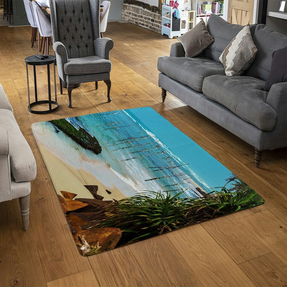 image 1 of Fishermen on the ocean coast of Sri Lanka (Rug) Blue | S