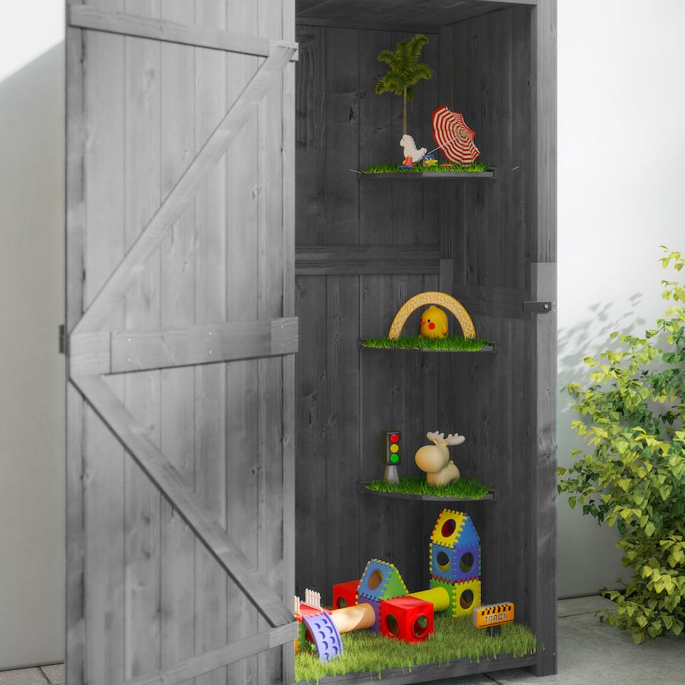 image 1 of Outsunny Wooden Garden Shed, Utility Outdoor Small Shed with Lockable Double Doors, Shelves and Roof Hatch, Grey