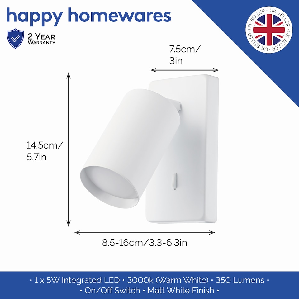 image 1 of Modern Designer LED Powered Matt White Metal Spot Wall Light Fixture with Switch | White