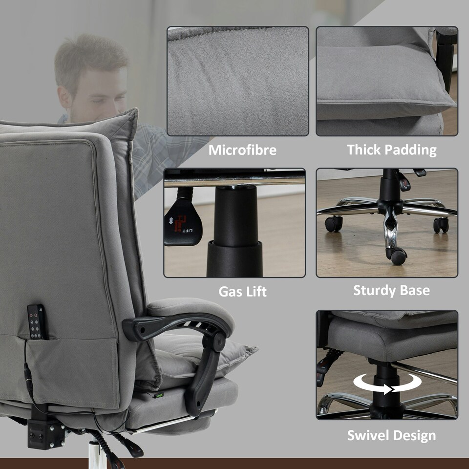 image 1 of Vinsetto Microfibre Vibration Massage Office Chair with Footrest, Heat, Grey