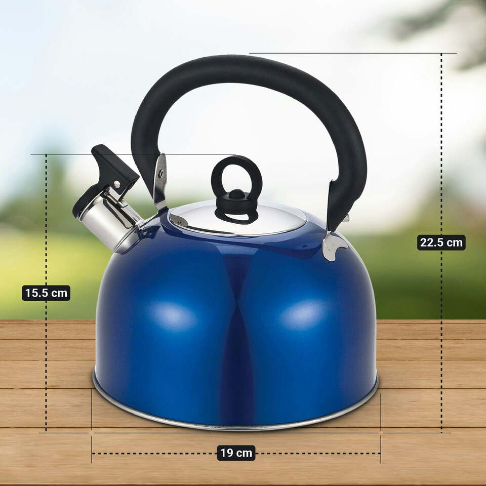 image 1 of Buckingham Stainless Steel Camping Whistling Kettle 2.5 Litre , Metallic Blue