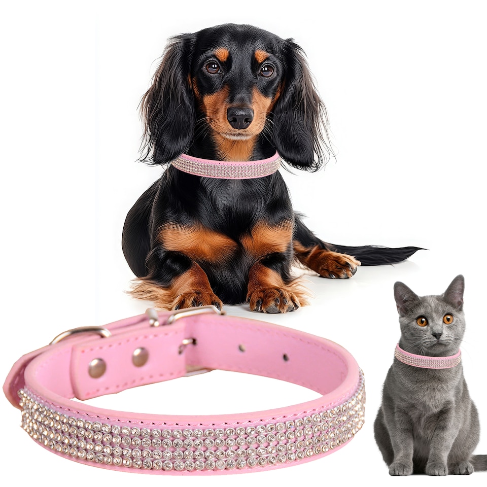 image 1 of Trimming Shop Diamante Dog Collar, PU Leather Pet Collar, Dog Belt