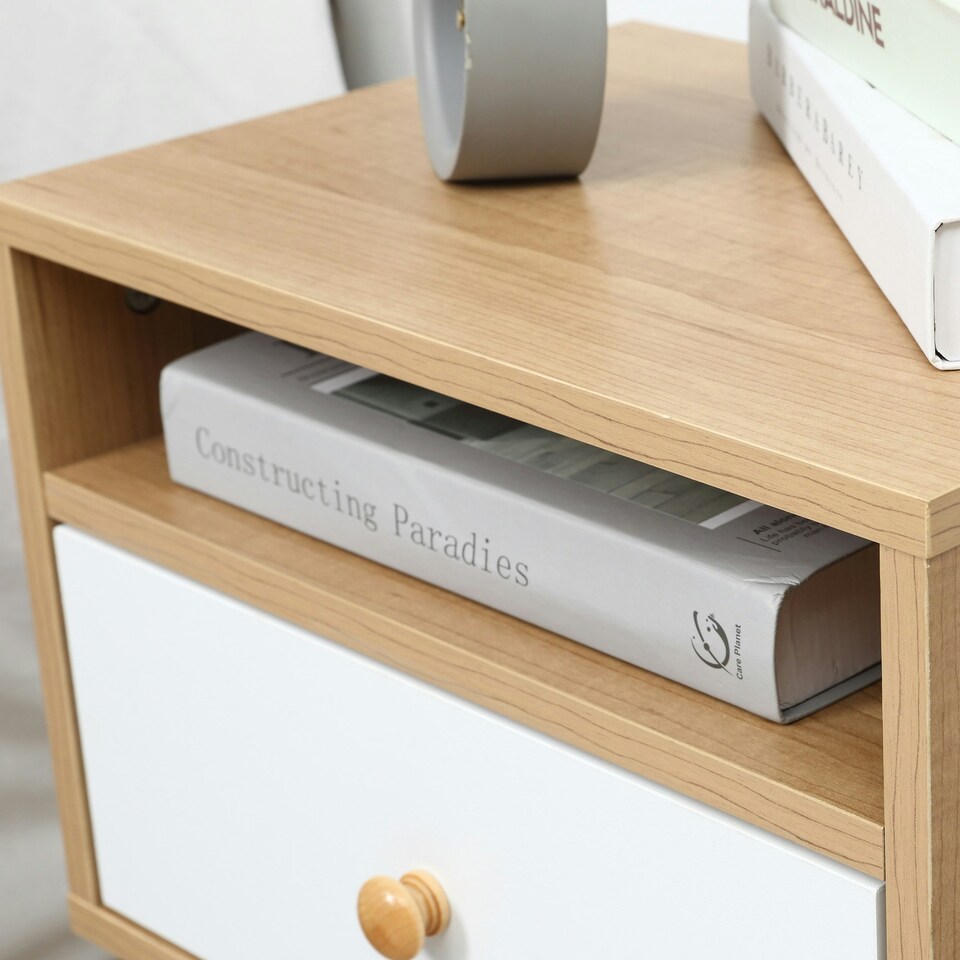 image 1 of HOMCOM Bedside Table Modern Nightstand Bedside Cabinet w/ Drawer Shelf Natural
