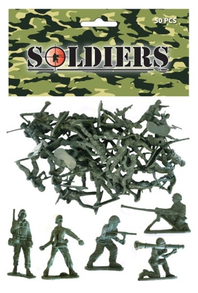 image 1 of Bag of 50 Traditional Green Plastic Toy Soldiers for Army Military War Games
