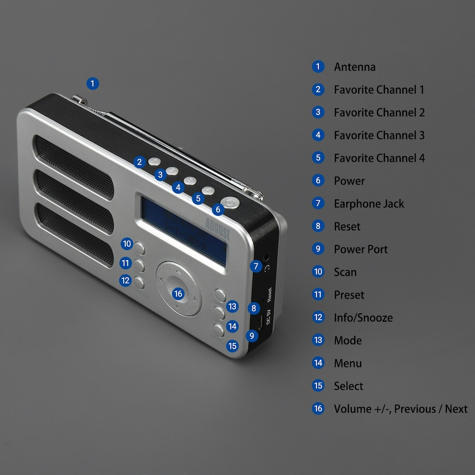 image 1 of Portable DAB, DAB+, FM Radio Alarm Clock with Built-In Rechargeable Battery + RDS, DRC, Prune & AUX Output - August MB225S