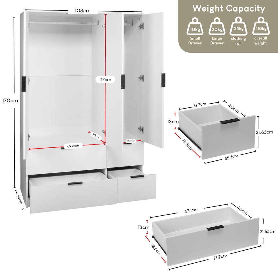 image 1 of Vida Designs Trega 3 Door 4 Drawer Wardrobe Modern Storage Unit, White