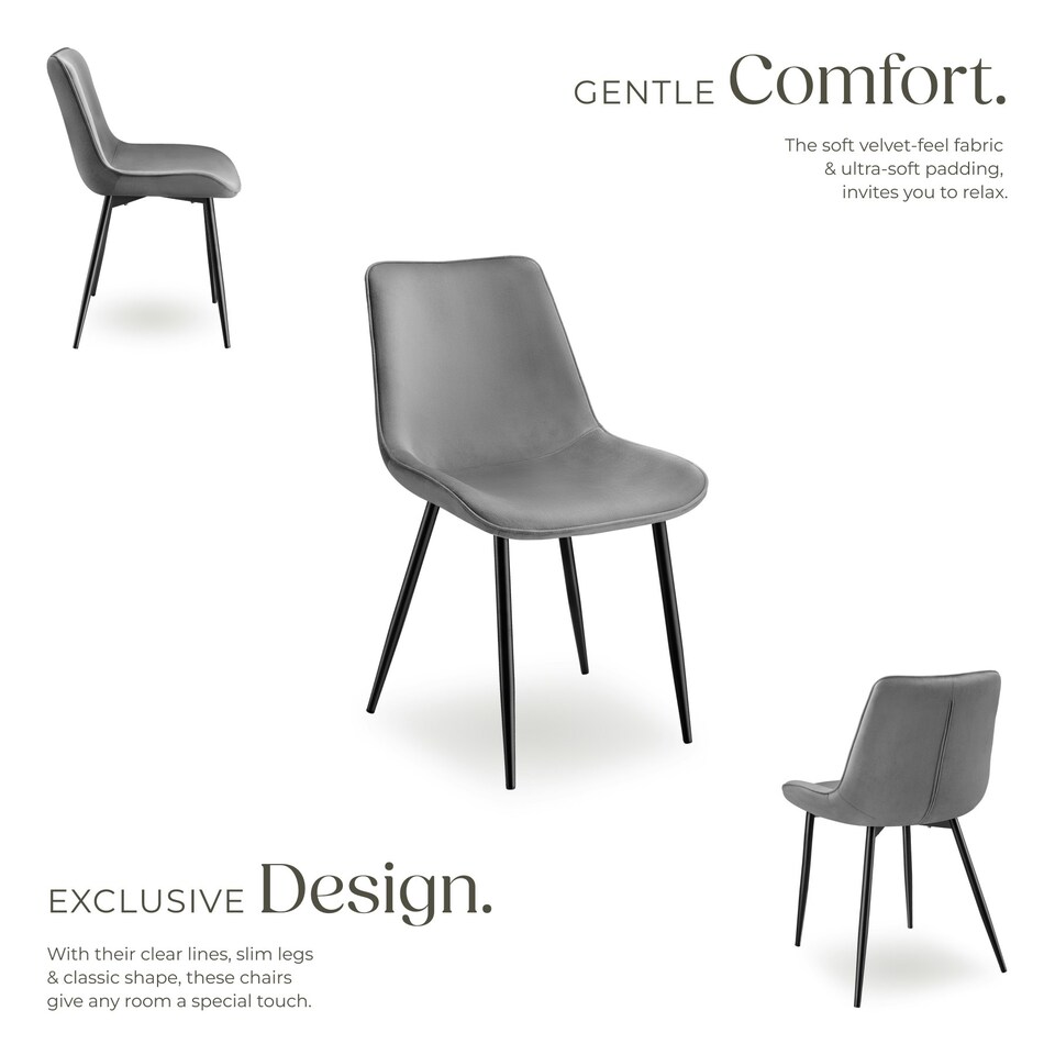 image 1 of Dining Chair Monroe - padded, velvet look, ergonomic seat, black steel legs - Set of 8 Grey