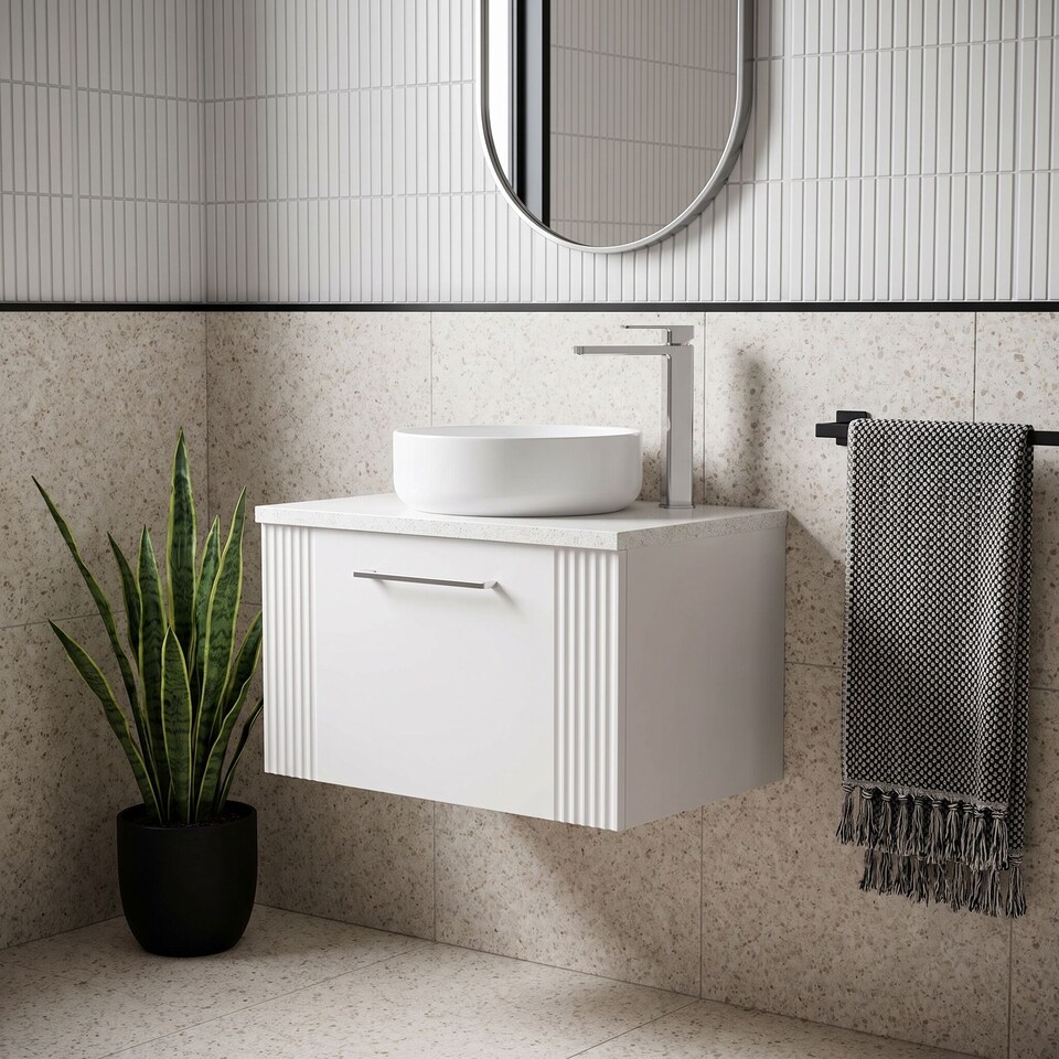 image 1 of Balterley Partial Fluted 1 Drawer Wall Hung Vanity Unit with Sparkling Laminate Worktop | White | Satin White