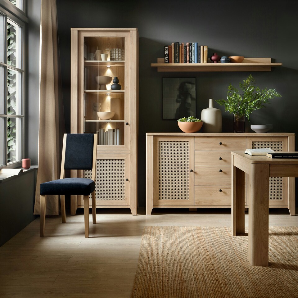 image 1 of Cestino 2 Door Display Cabinet in Jackson Hickory Oak and Rattan Effect