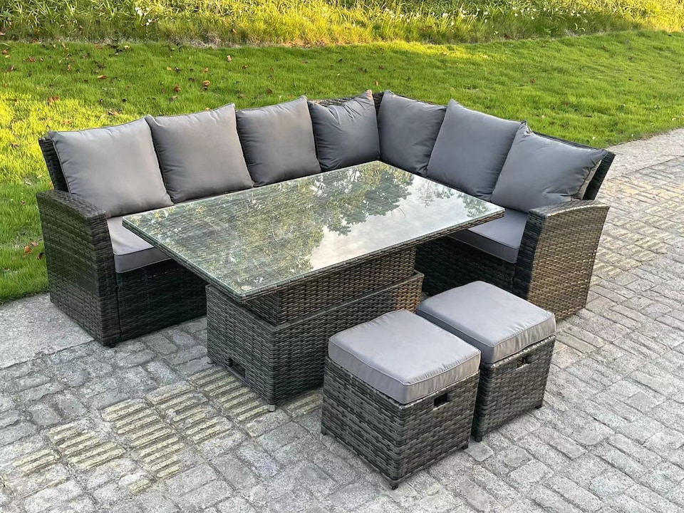 image 1 of Fimous High Back Rattan Garden Furniture Corner Sofa Sets Adjustable Rising Table Dark Mixed Grey 8 seater right corner