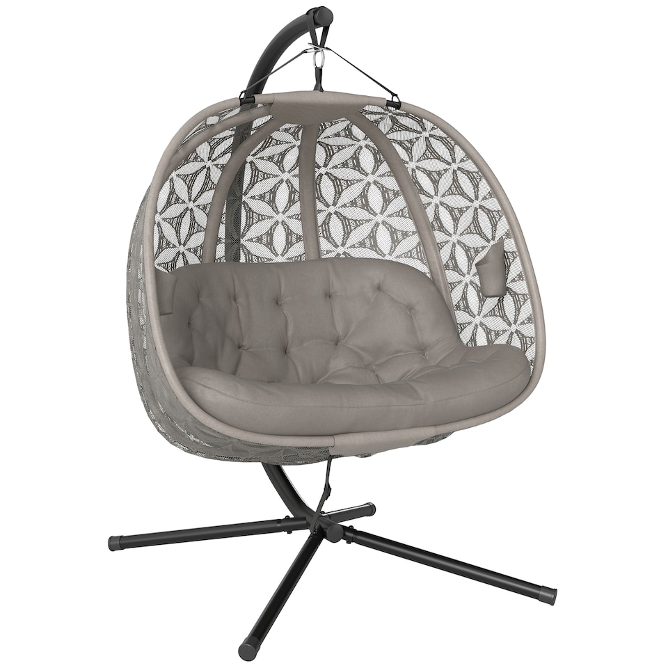 image 1 of Outsunny Double Hanging Swing Chair w/ Stand & Cup Holders, Brown | Brown