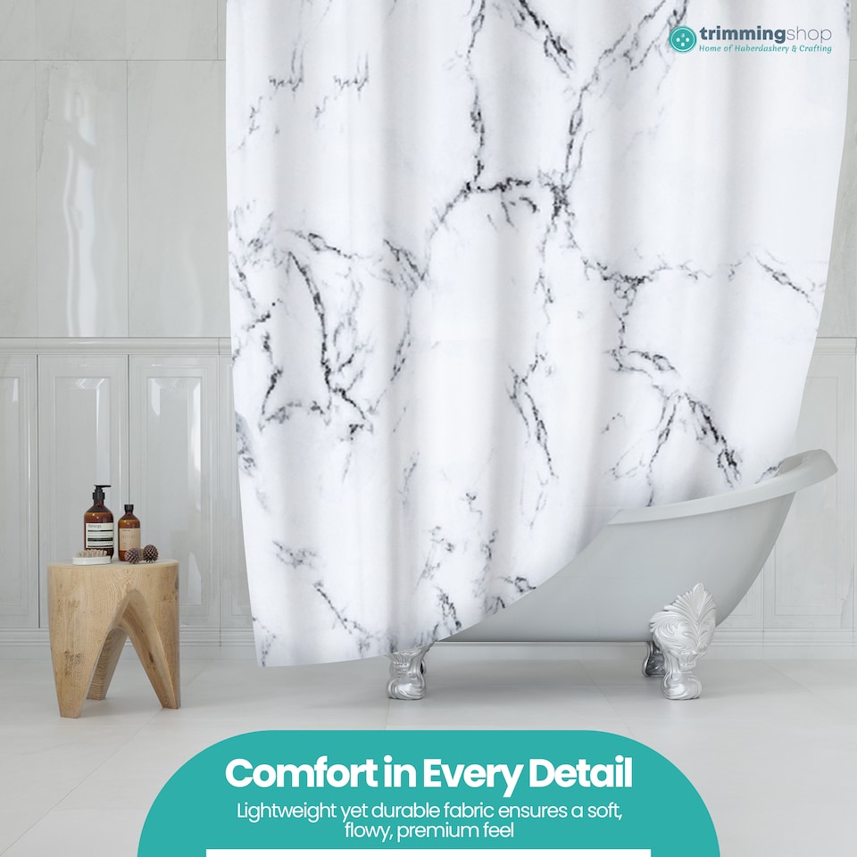 image 1 of Grey & White Marble Polyester Shower Curtain with 12 Hooks - 180x180cm