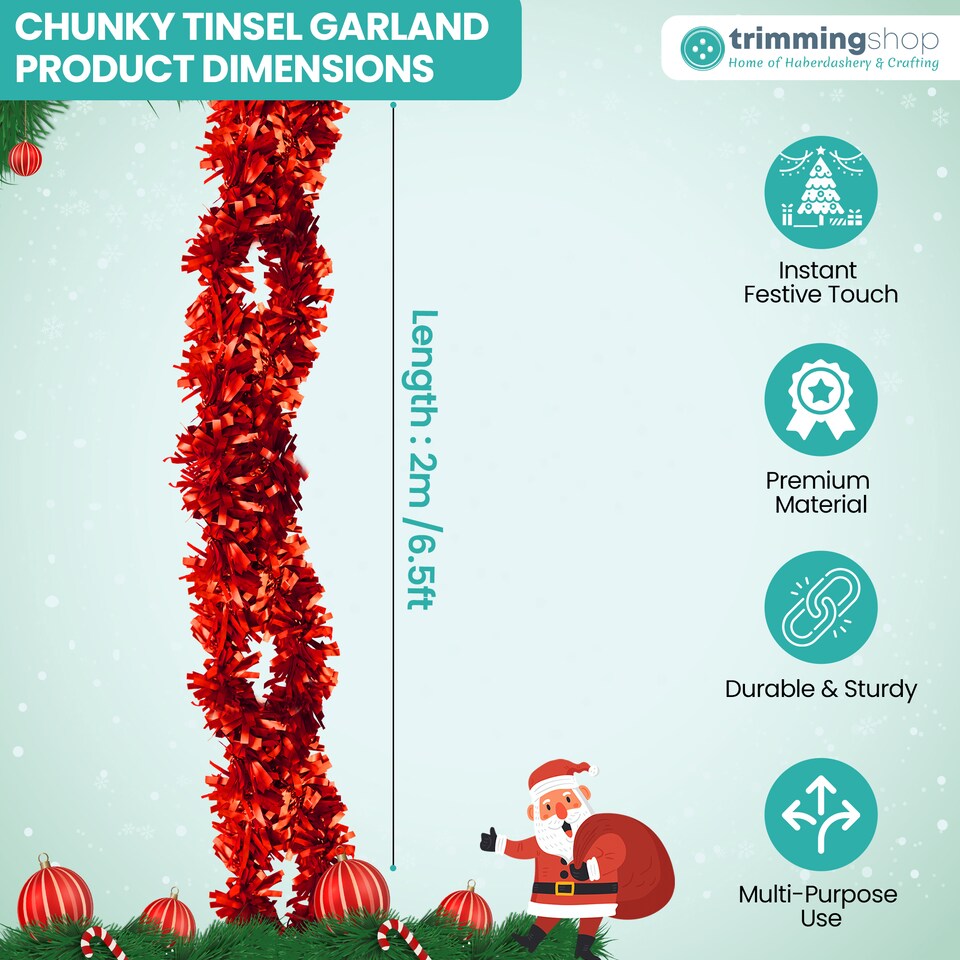 image 1 of 6.5ft/1.98m Wide Chunky Christmas Tinsel Garland Shiny Foil Twist Garland