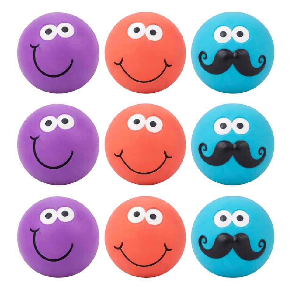 image 1 of Set of 9 Squeaky Dog Balls Latex Pet Puppy Fetch Play Chew Smiley Face Design