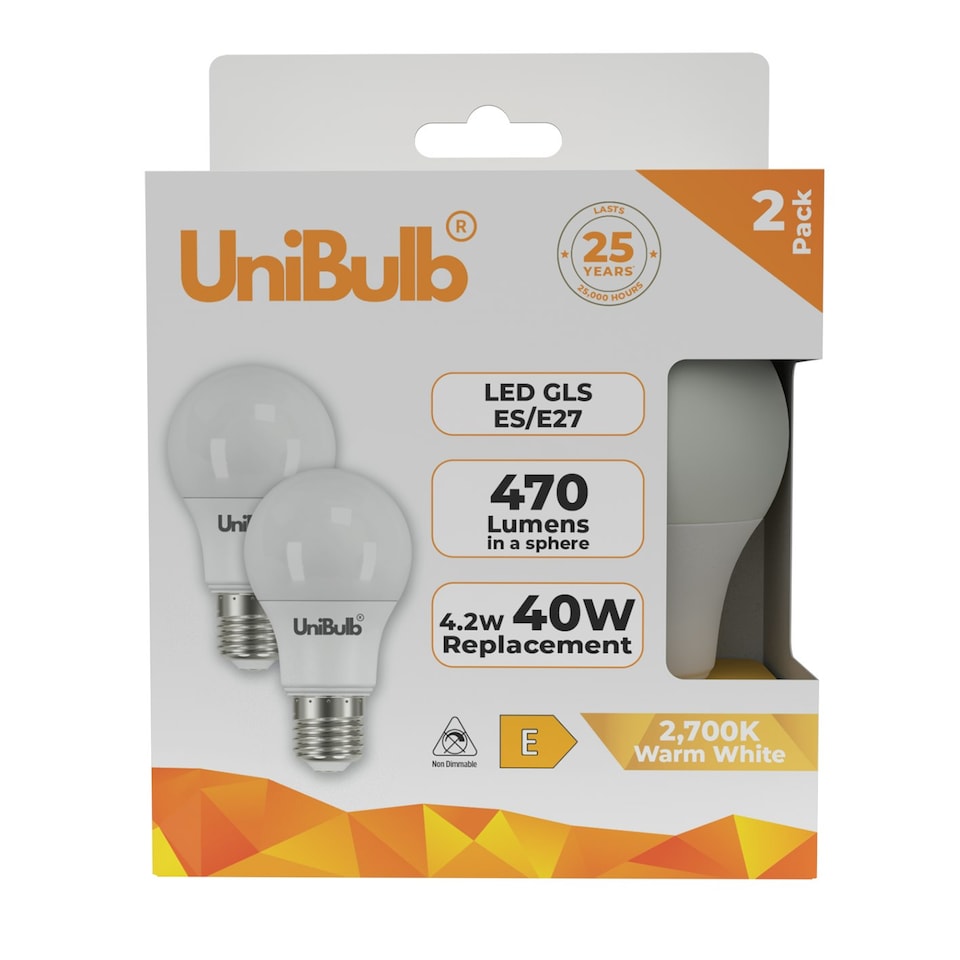 image 1 of UniBulb LED GLS E27 470lm 4.2W 2700K (Warm White) Light Bulb - Pack of 2