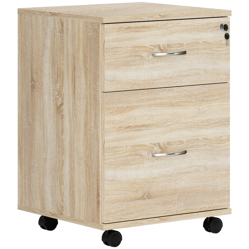 image 1 of HOMCOM Pedestal Office Mobile Filing Cabinet 2 Drawer Wooden Storage Oak