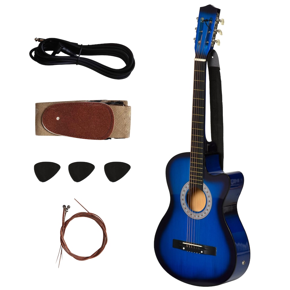 image 1 of HOMCOM 38 Inch Full Size Blue Classical Acoustic Electric Guitar Kids Guitar and Junior Guitar   Premium Gloss Finish w/Case - Blue