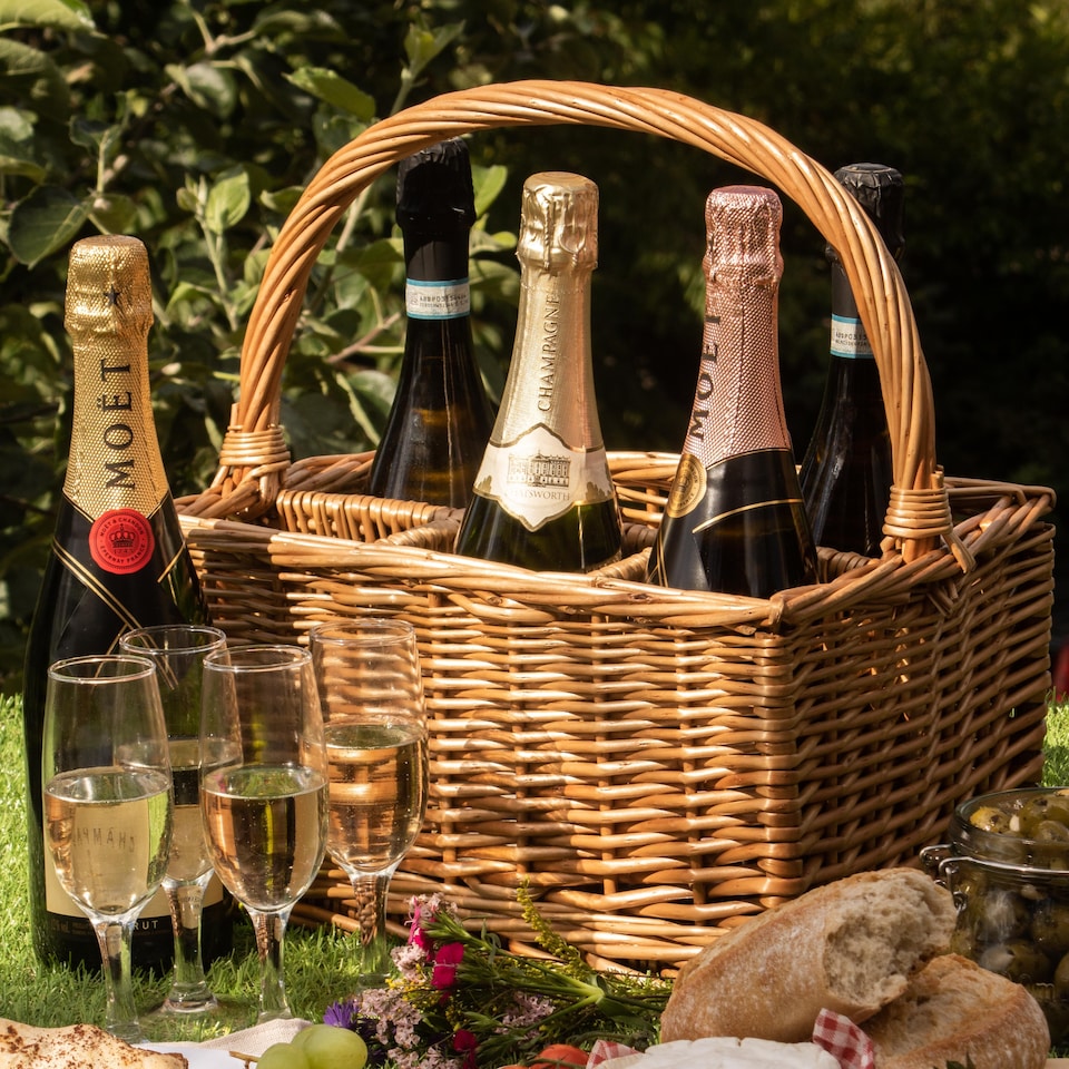 image 1 of Wicker Double Steamed 6 Bottle Carrier Drinks Basket