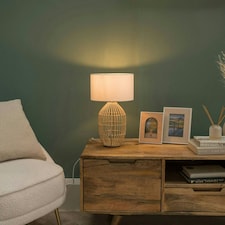 ValueLights Hollins Painted Natural Table Lamp with Small White Drum Shade and LED Bulb