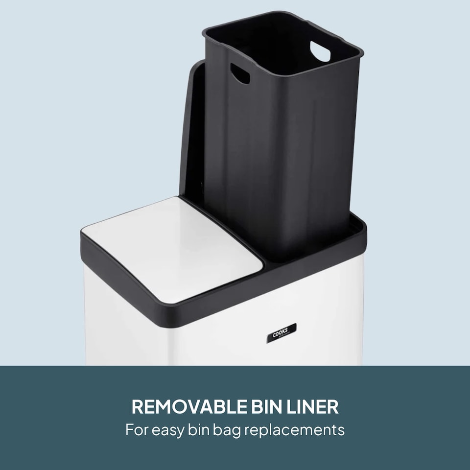 image 1 of Cooks Professional Dual Pedal Recycle Bin 60L with 2 x Compartments & Soft Close Lids | White