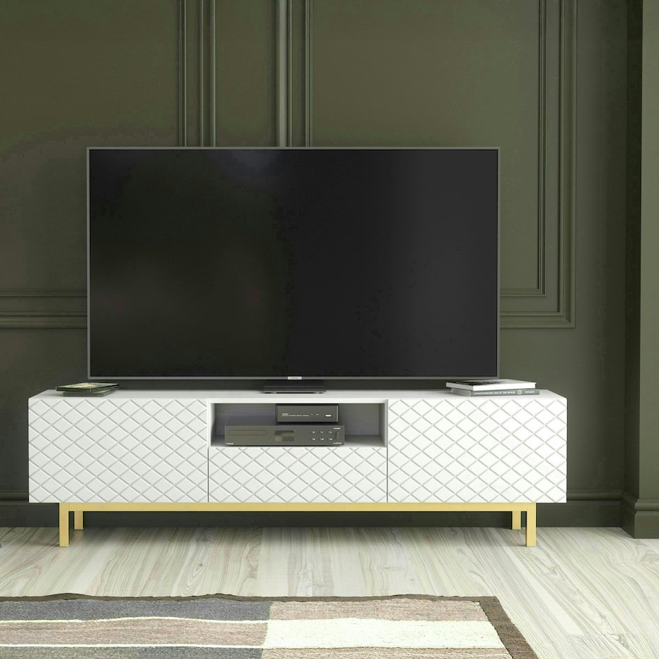 image 1 of White TV Unit 180cm Diamond Fronts Gold Legs Modern Media Cabinet White