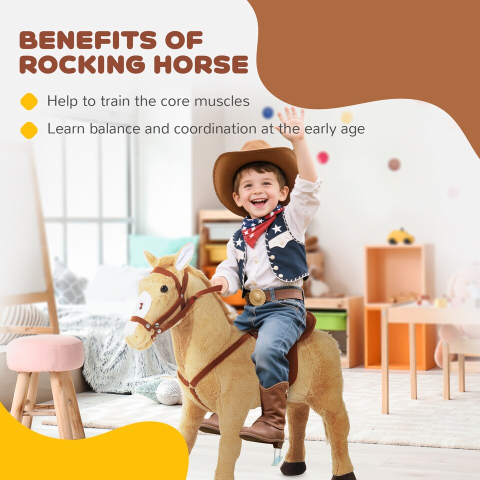 image 1 of HOMCOM Children Standing Horse Plush Soft Ride On Toy Pony Kids Cuddly Game Play | Yellow