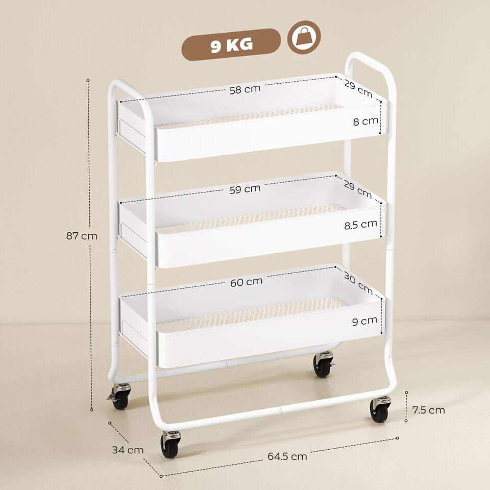 image 1 of HOMCOM 3-Tier Storage Trolley, Storage Cart with Mesh Backets, Wheels, White