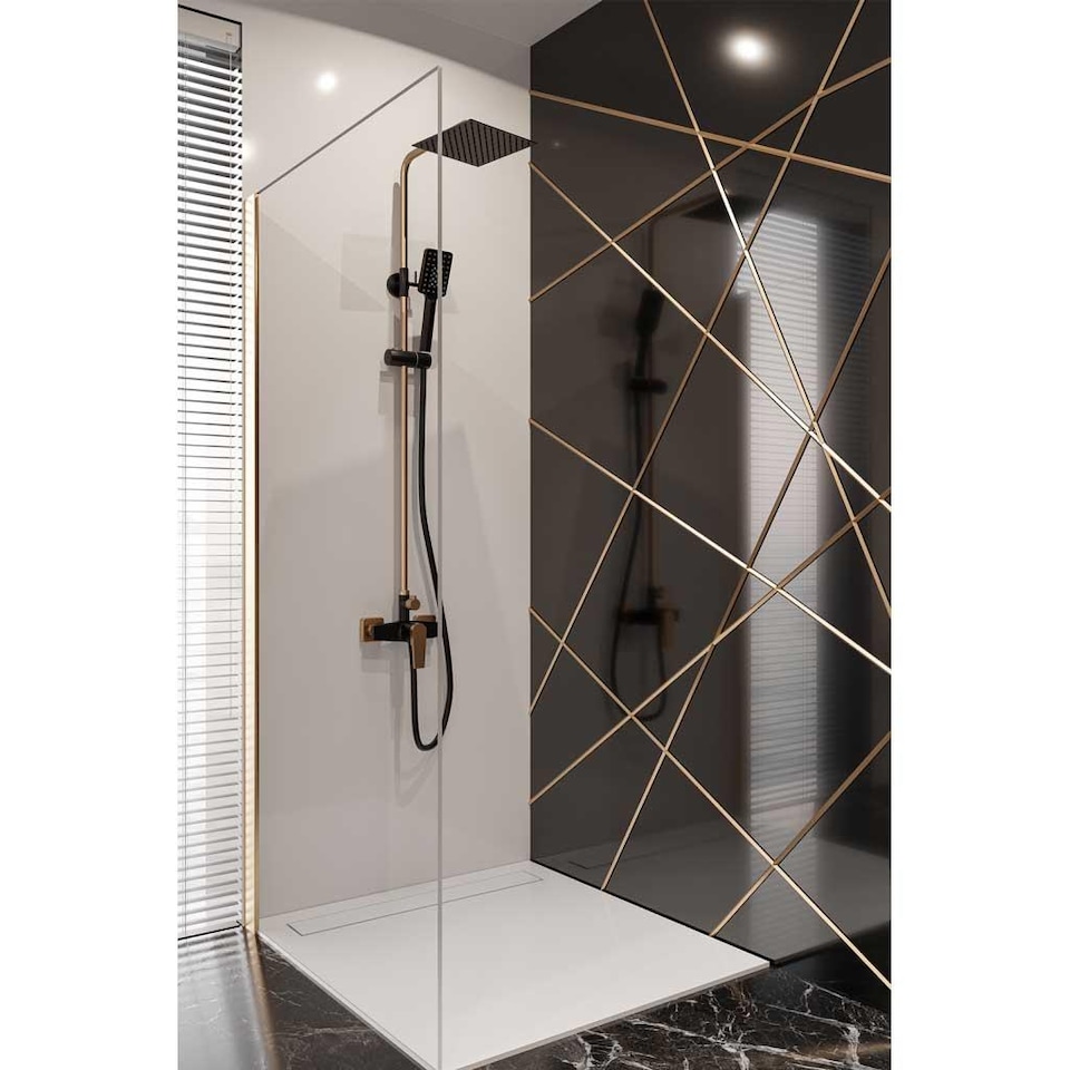 image 1 of Black/Rose Gold Brass Bathroom Shower Column Set Handshower Square Rainfall